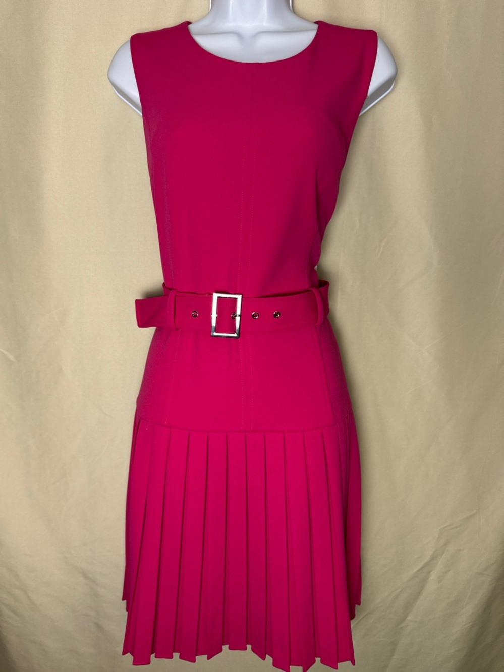 DKNY Fuchsia Sleeveless Pleated Midi Dress with Buckle Belt